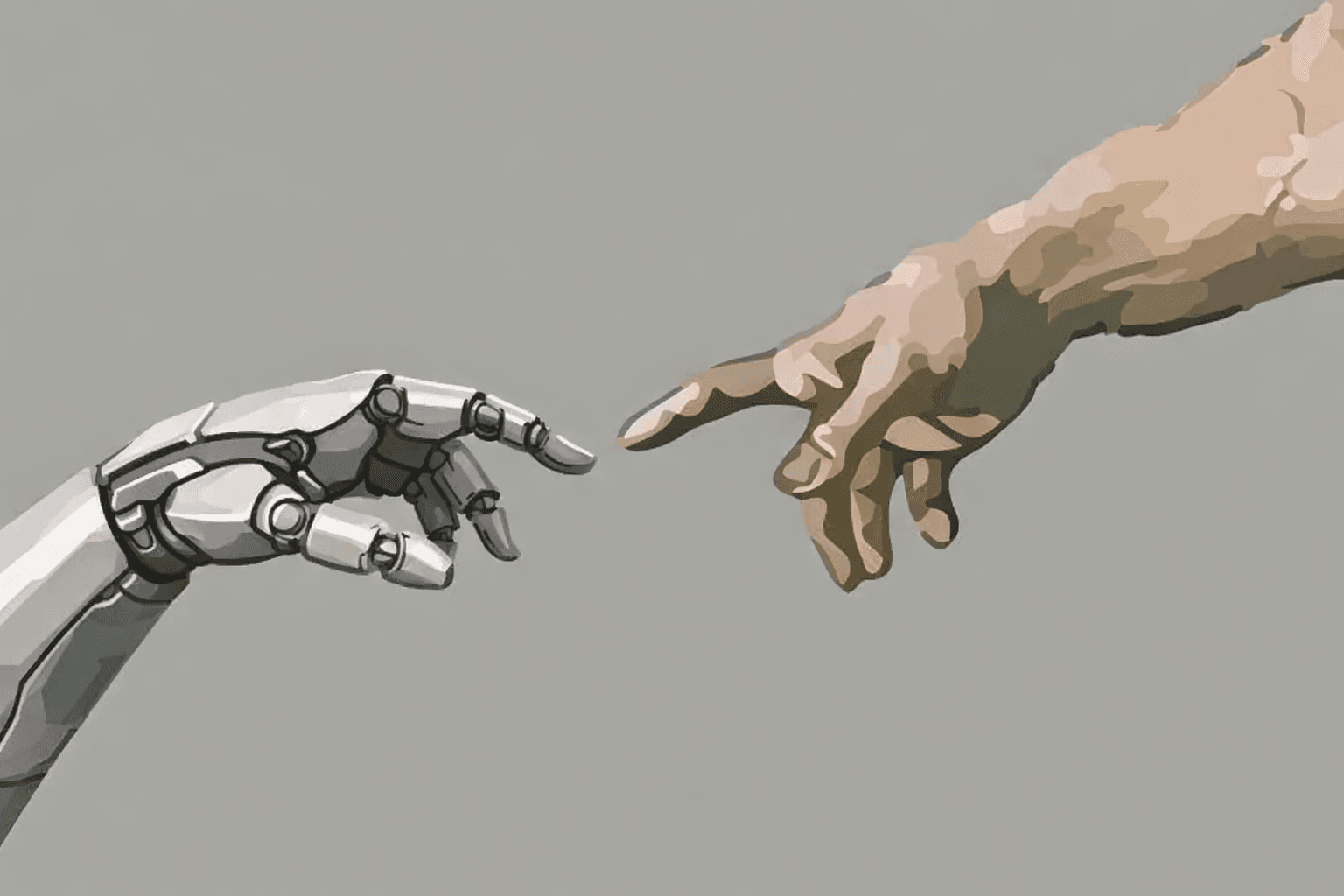 Illustration of a robot hand and a human hand reaching toward each other